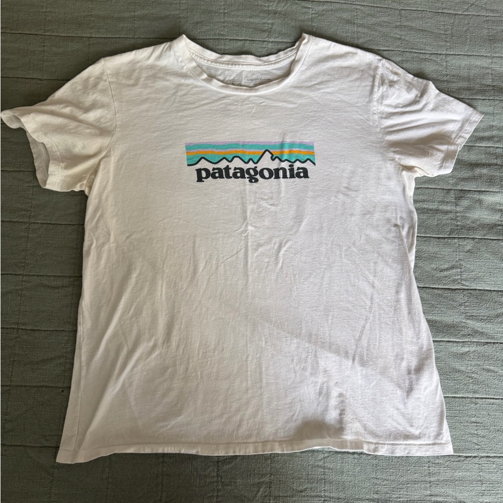 Patagonia White Tee with Colorful Mountain Graphic